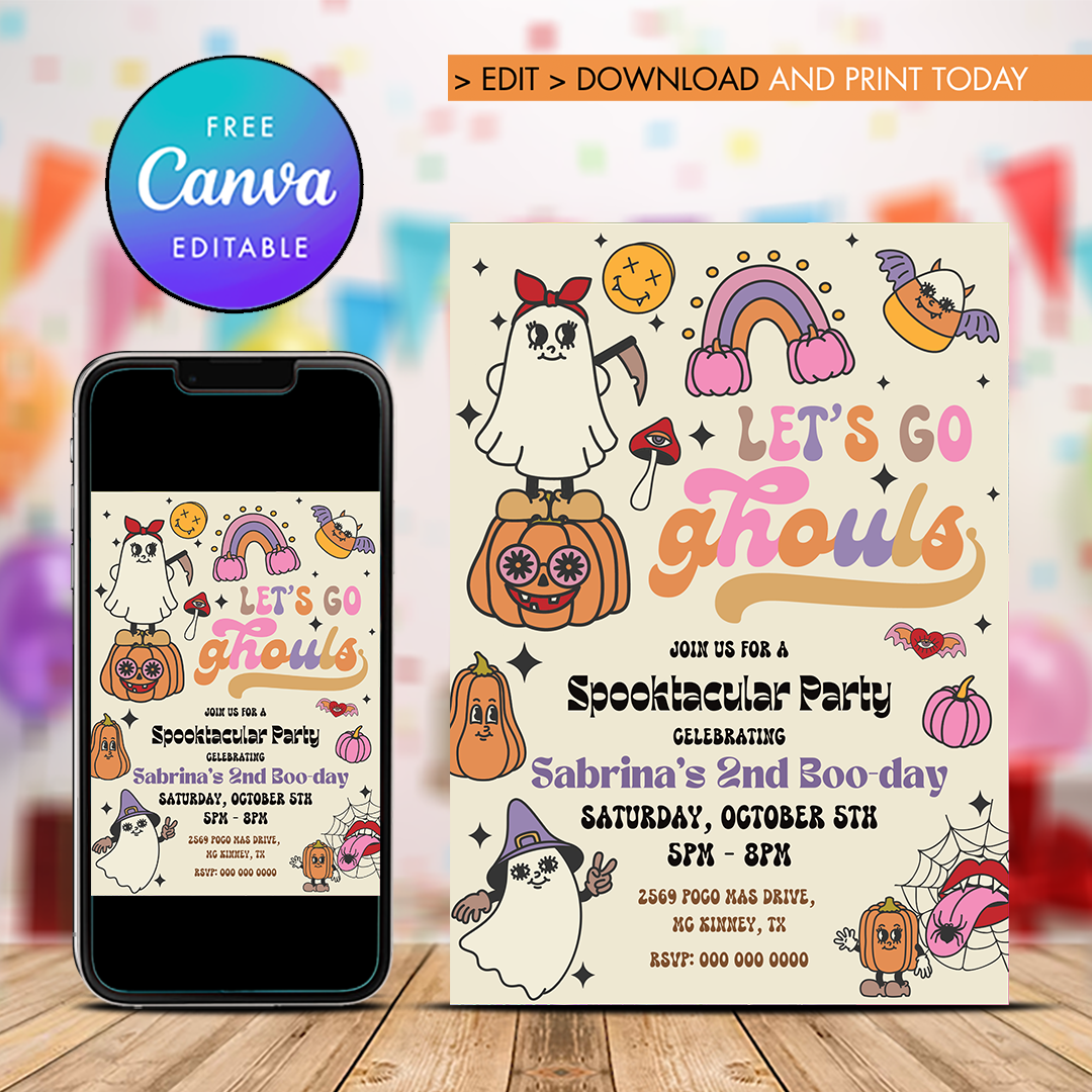 Let's Go Grouls Birthday Invitation, Boo Groovy Birthday Inv | Inspire ...