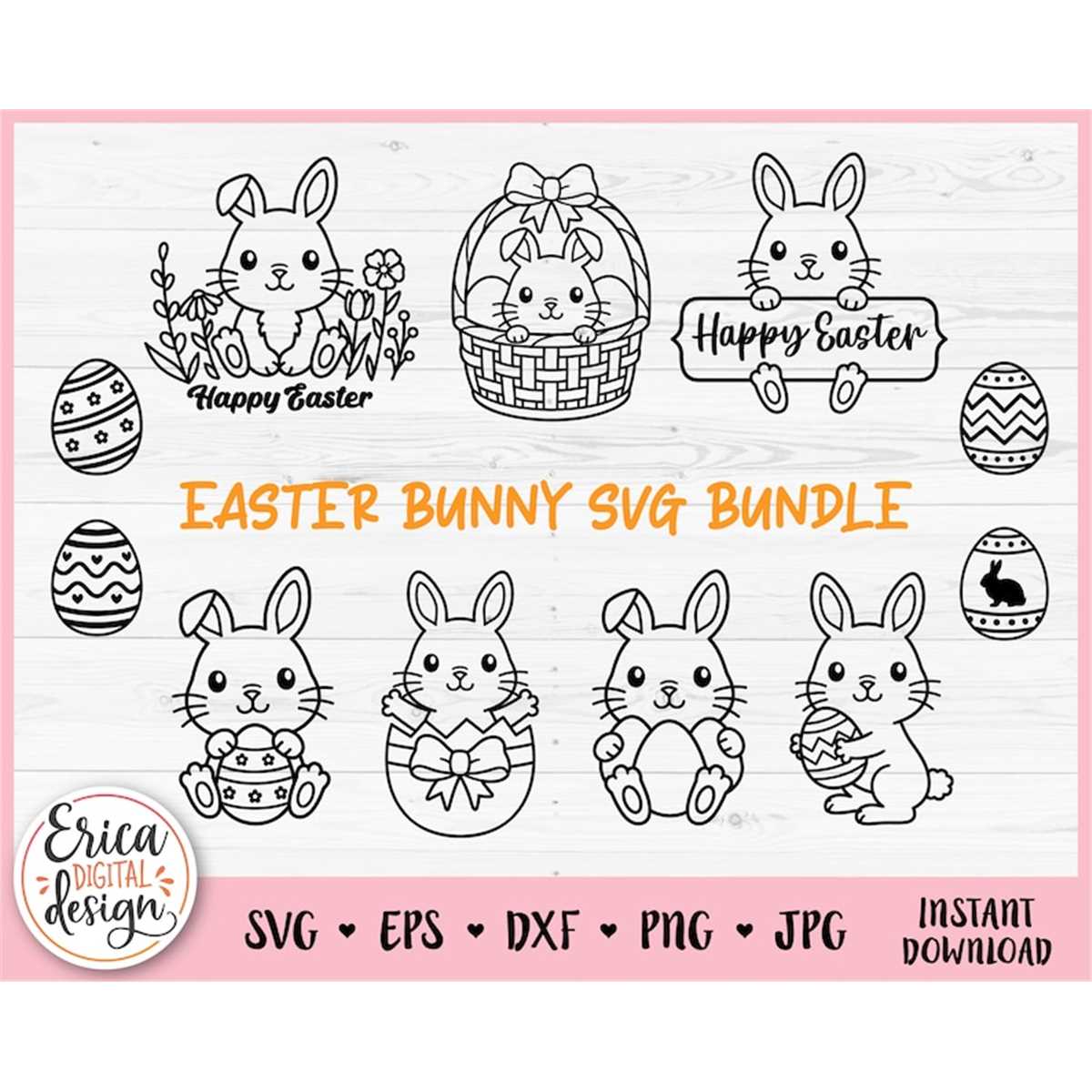 Easter Bunny SVG Bundle Cute Rabbit Easter Eggs Outline cut | Inspire ...