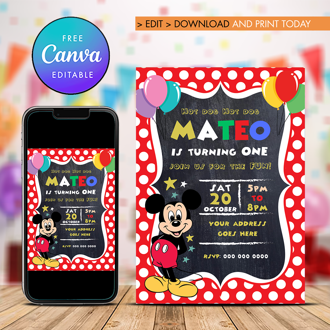 Mickey Mouse First Birthday Invitation Editable and Printabl - Inspire ...