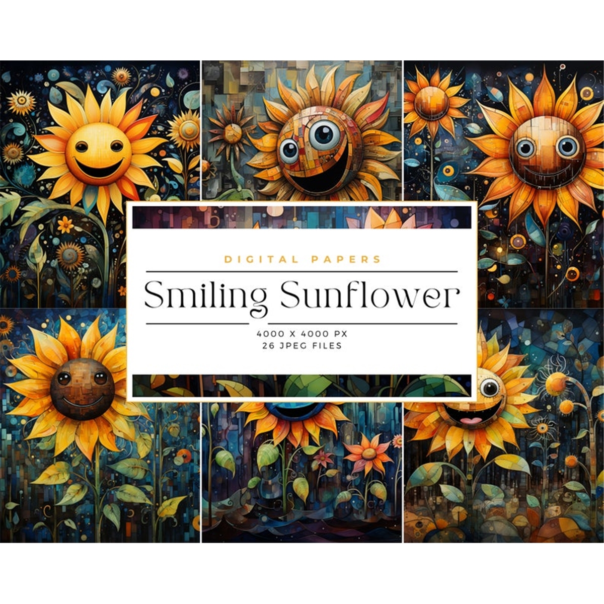 Watercolor Smiling Sunflower Digital Paper, Sunflowers, Junk - Inspire ...