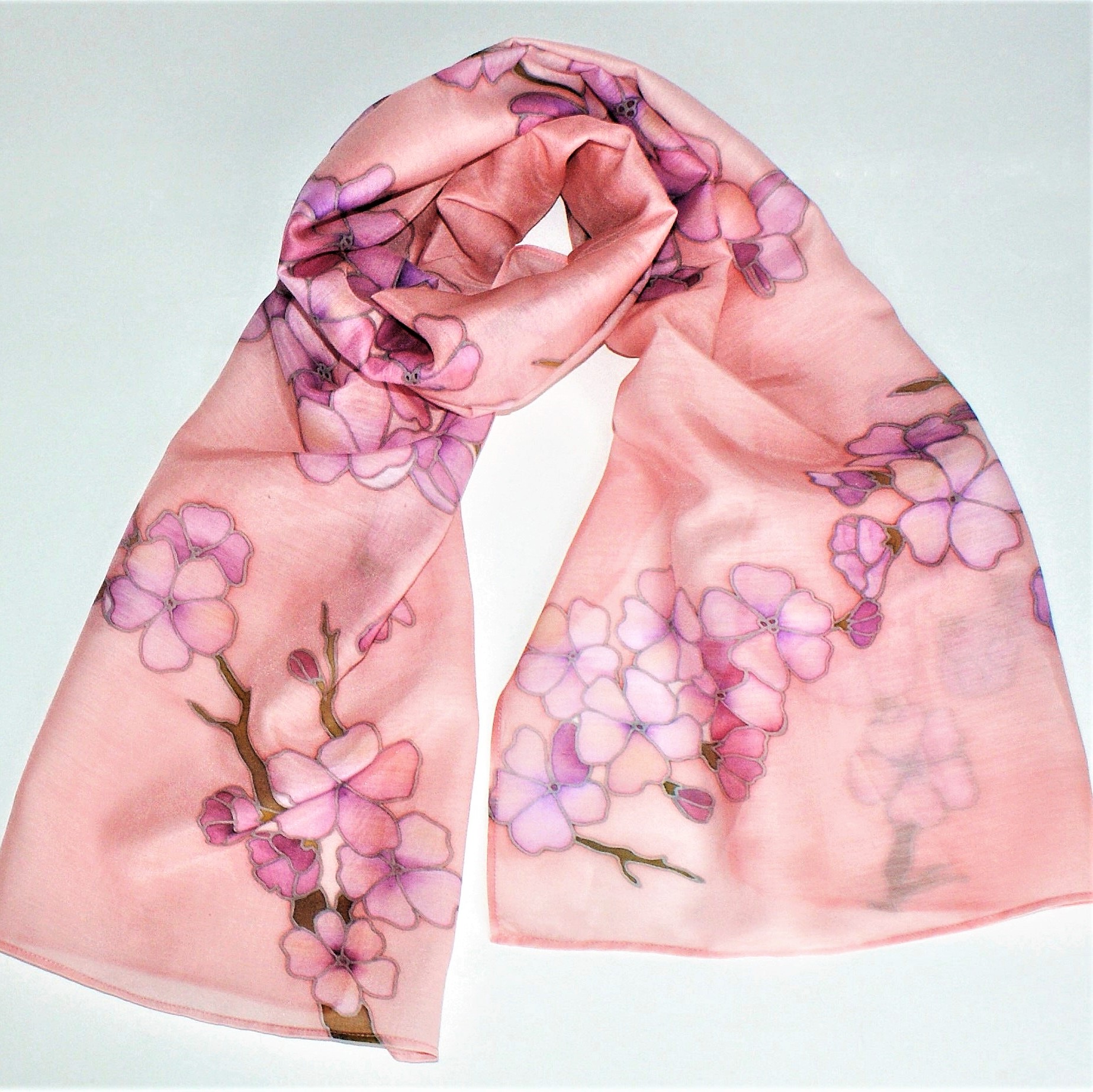 Hand painted cherry blossom silk scarf for women. Hair scarf - Inspire ...
