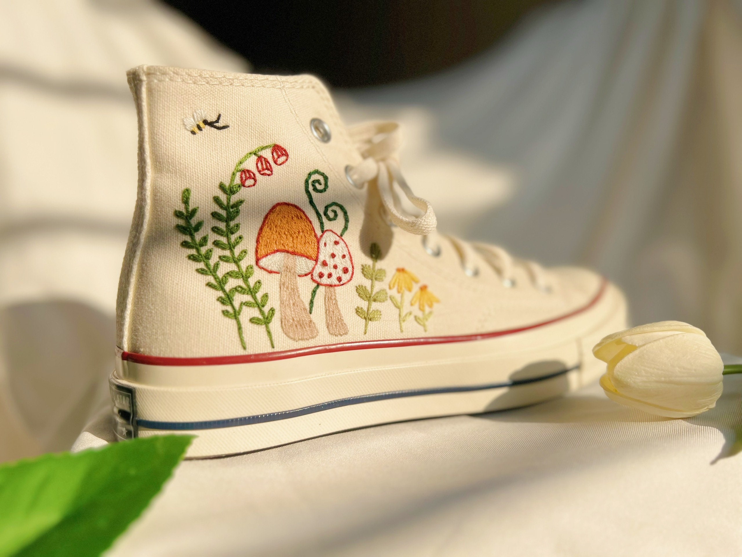 Mushroom Converse,Embroidered Orange mushrooms And Flower,Co