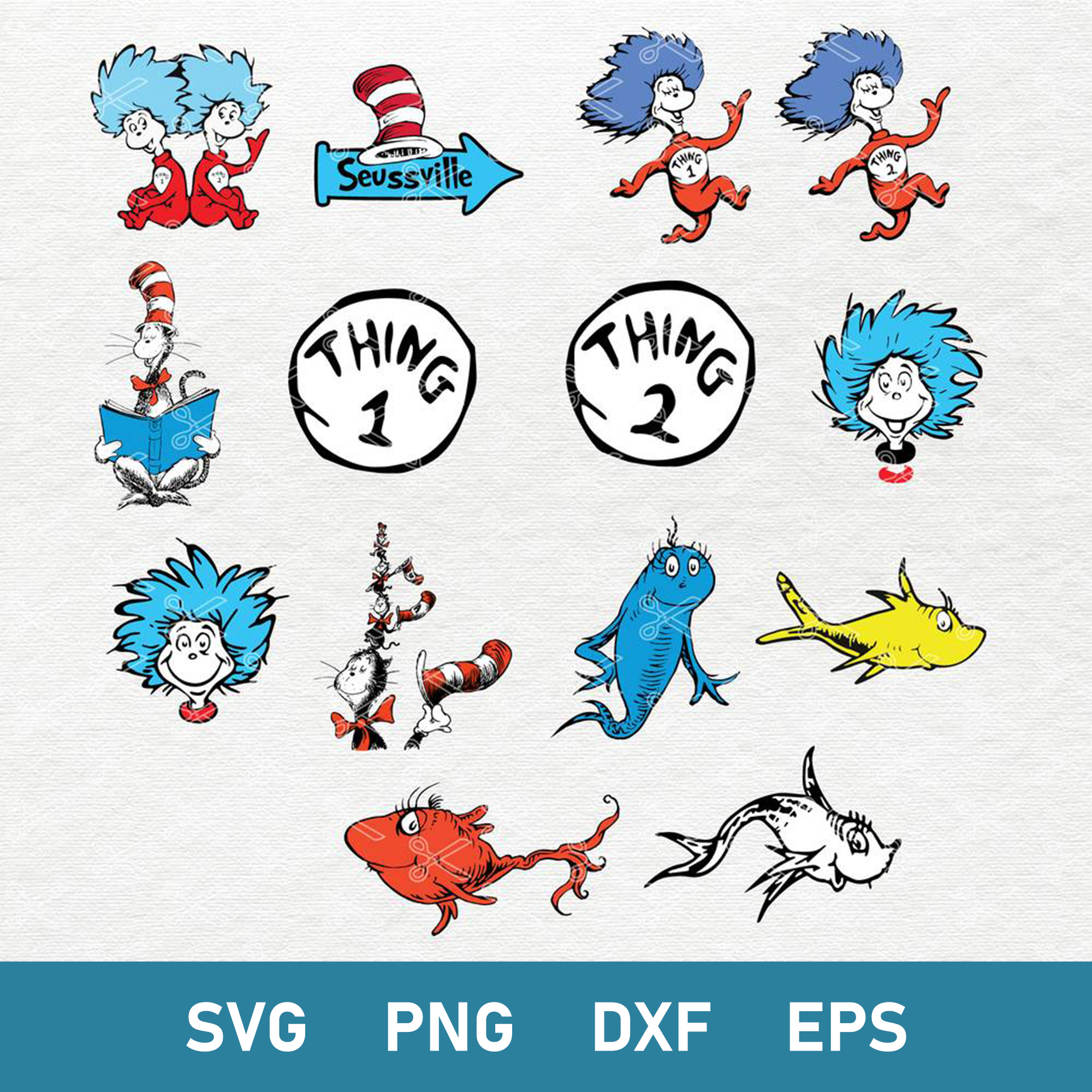 Bundle Dr Seuss Svg, One Fish, Two Fish, Red Fish, Blue Fish | Inspire ...