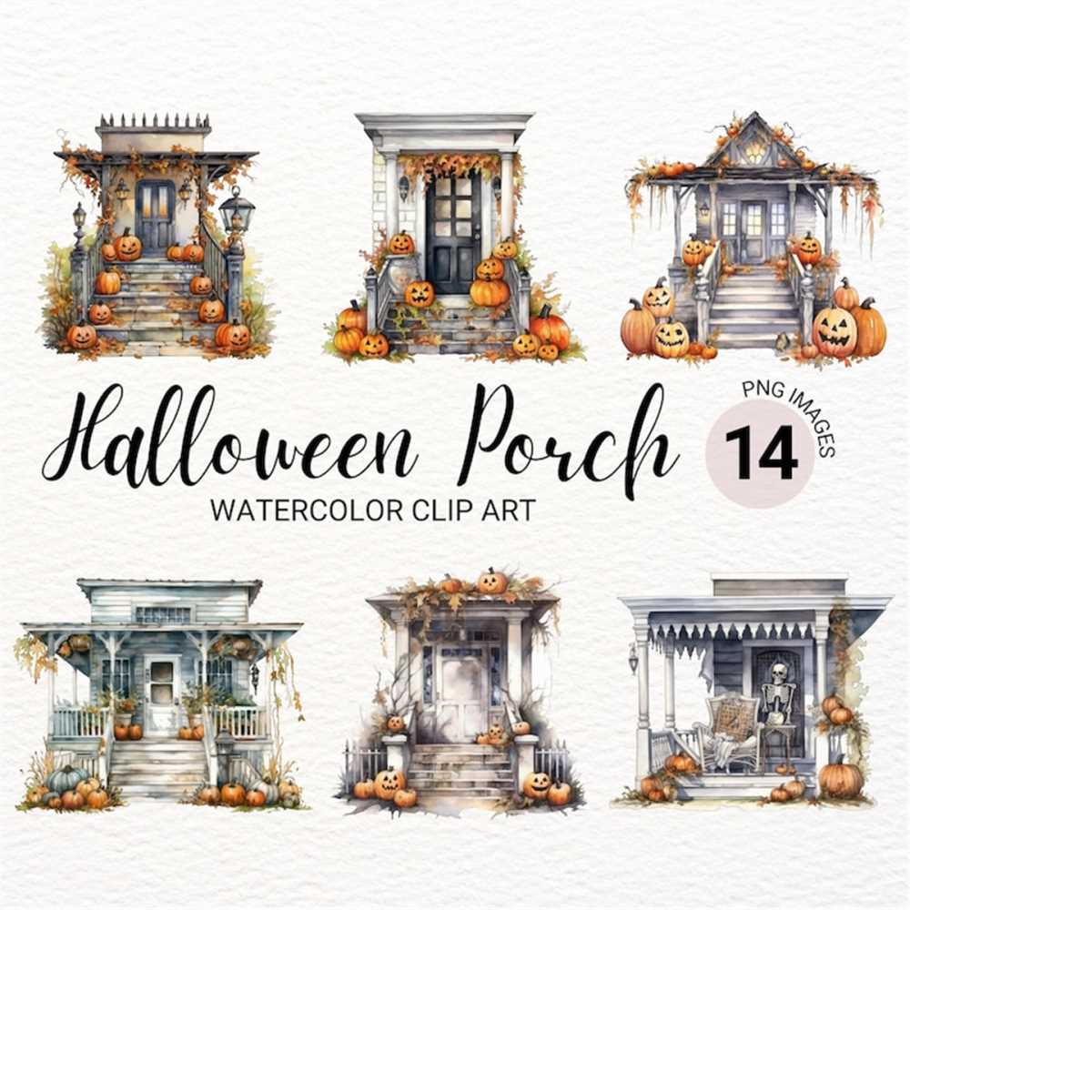 Halloween Porch Clipart Bundle | Watercolor Haunted Mansion - Inspire ...