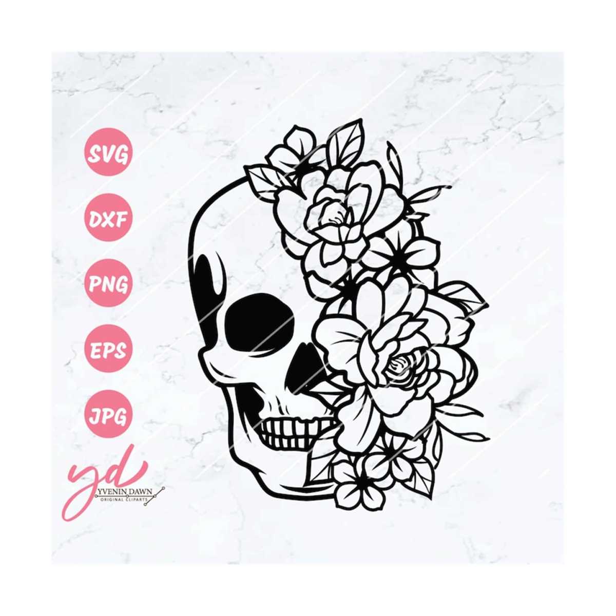 Floral Skull Svg Flower Skull Svg Half Floral Skull Sv Inspire