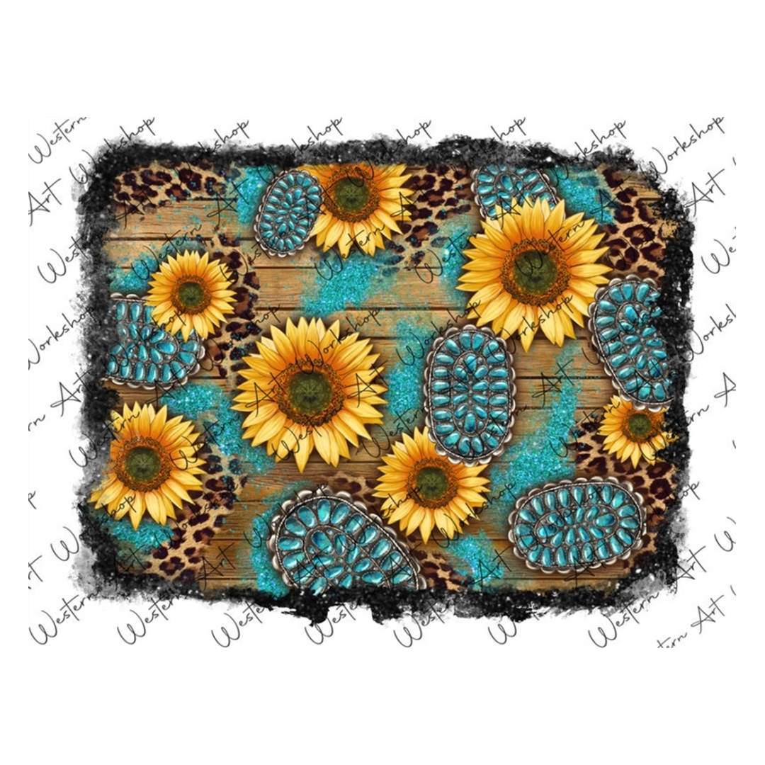 Turquoise Gemstone Sunflower Western Background Png, Sunflow Inspire