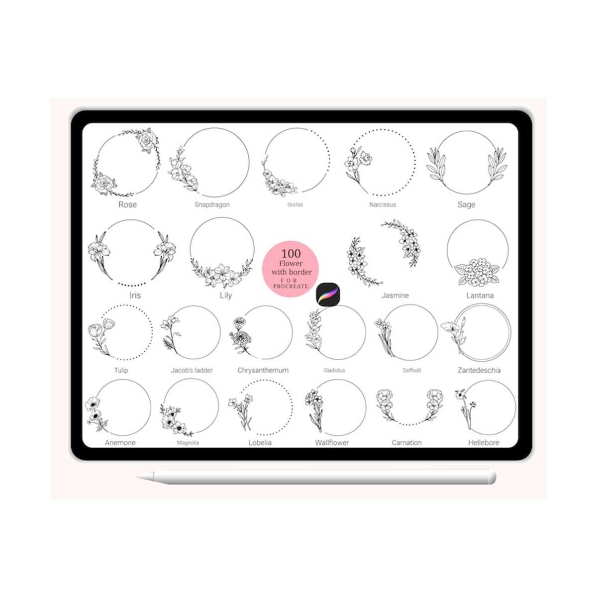 100 Wreath Flower Procreate Stamps brush Brush set Abstract | Inspire ...