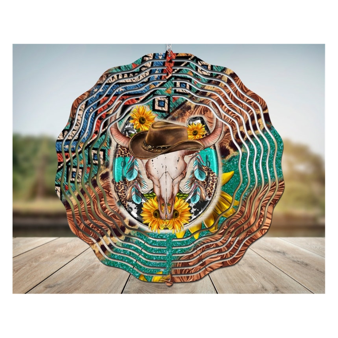 Cow Skull Distressed Tooled Leather Aztec Wind Spinner Subli | Inspire ...