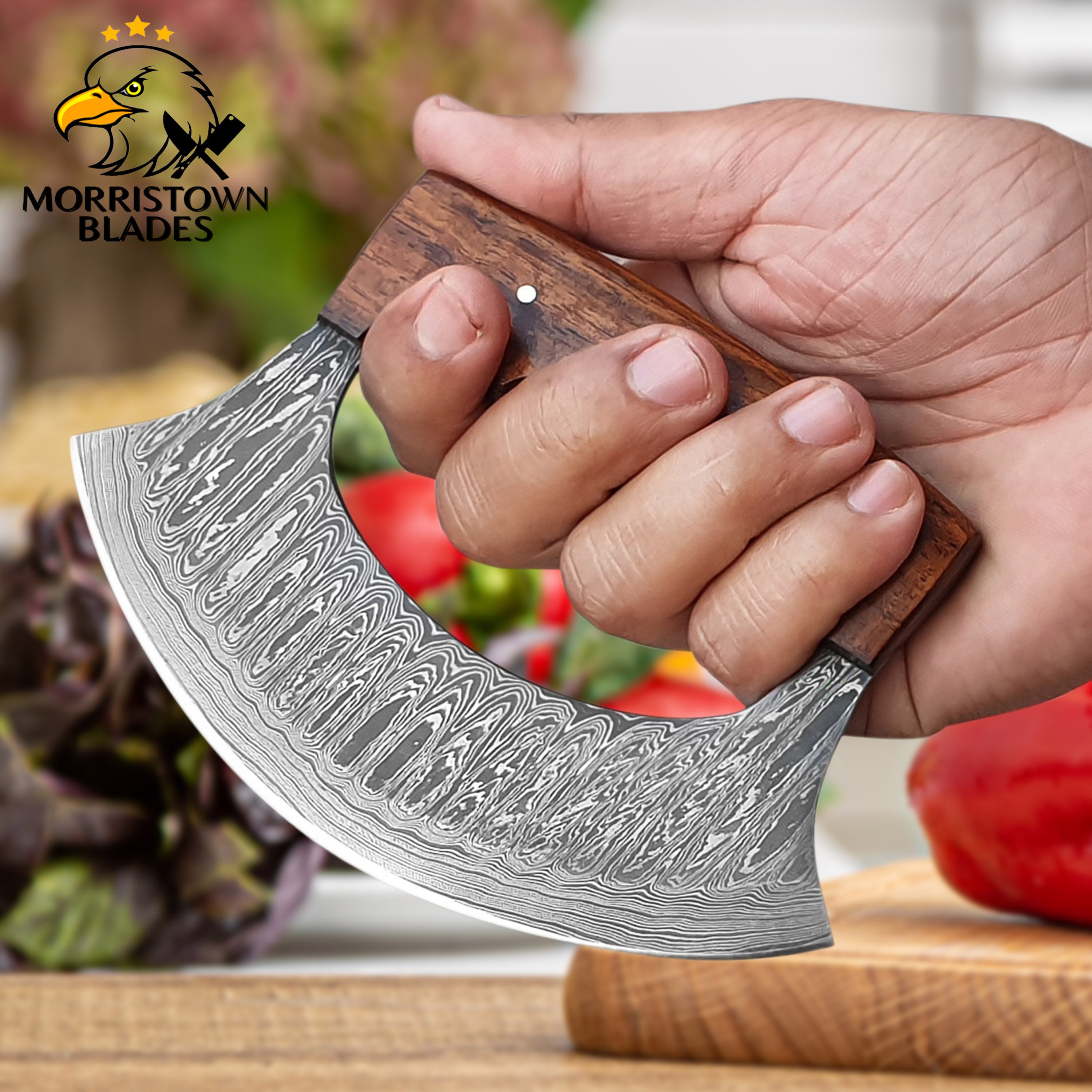 One Handed Rocker Damascus Ulu Knife With Sheath, Rocker Kni Inspire