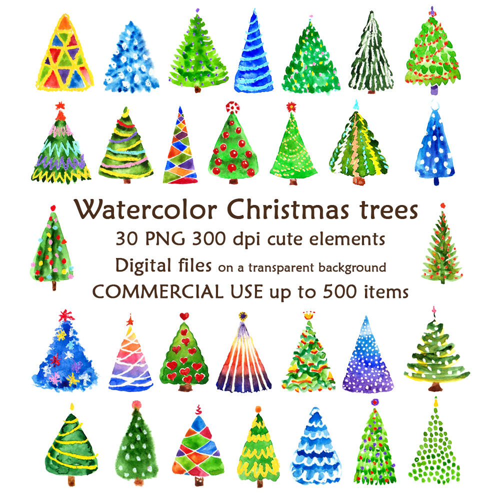 Christmas tree clip art bundle watercolor hand painting cute | Inspire ...
