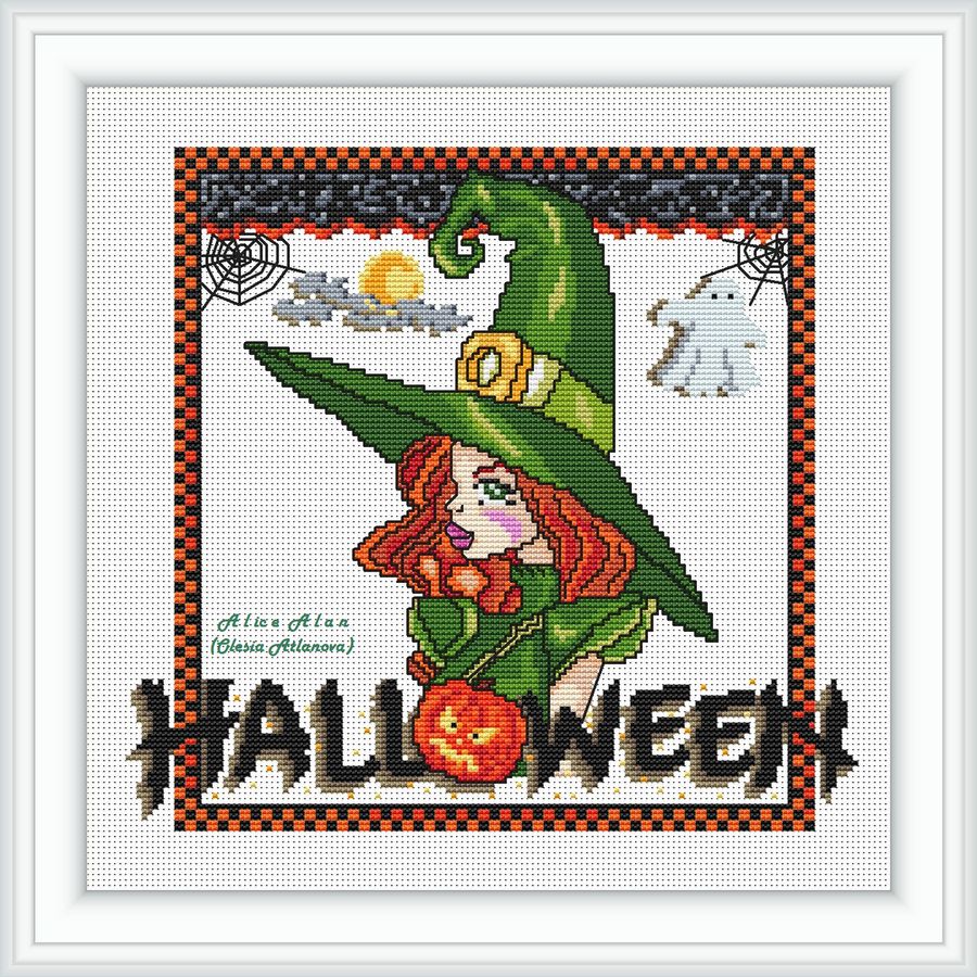Cross stitch pattern portrait Witch hat pumpkin ghost web | Inspire Uplift