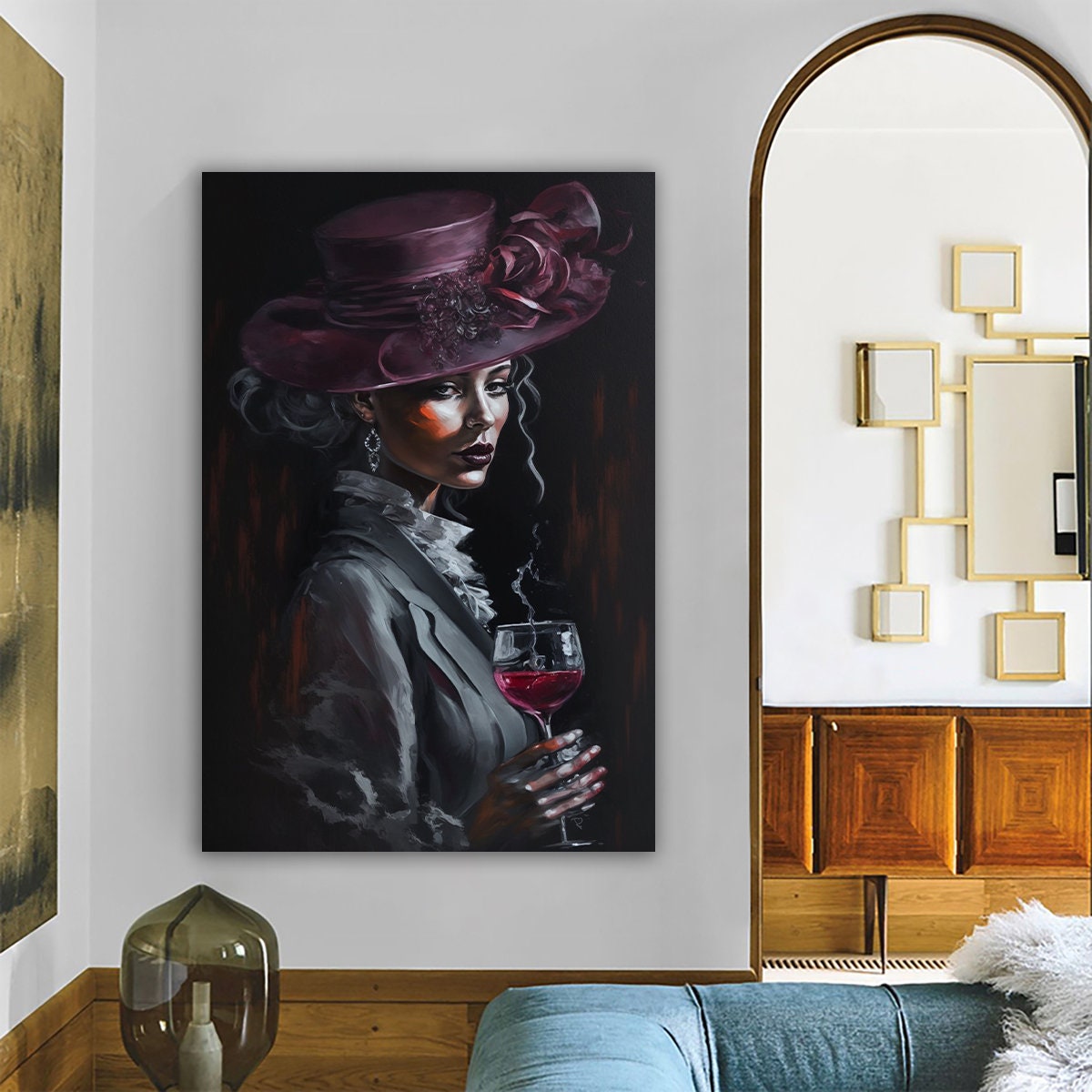 Canvas Of A Woman In A White Hat Holding Red Wine Glasses, M | Inspire ...