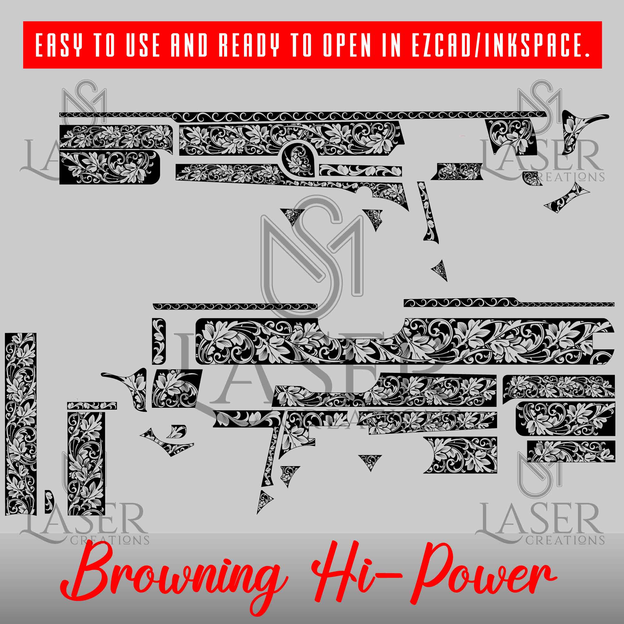 SM Laser Creations Browning Hi-Power scroll design | Inspire Uplift