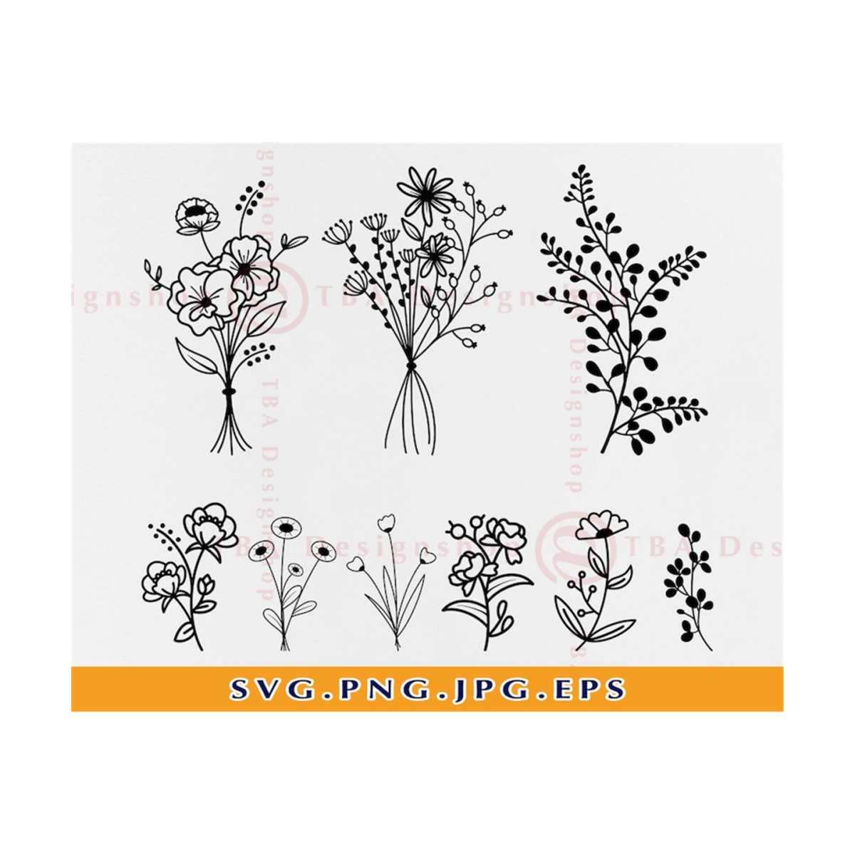 Hand Drawn Flowers SVG, Wildflower SVG Bundle, Floral Wreath Inspire