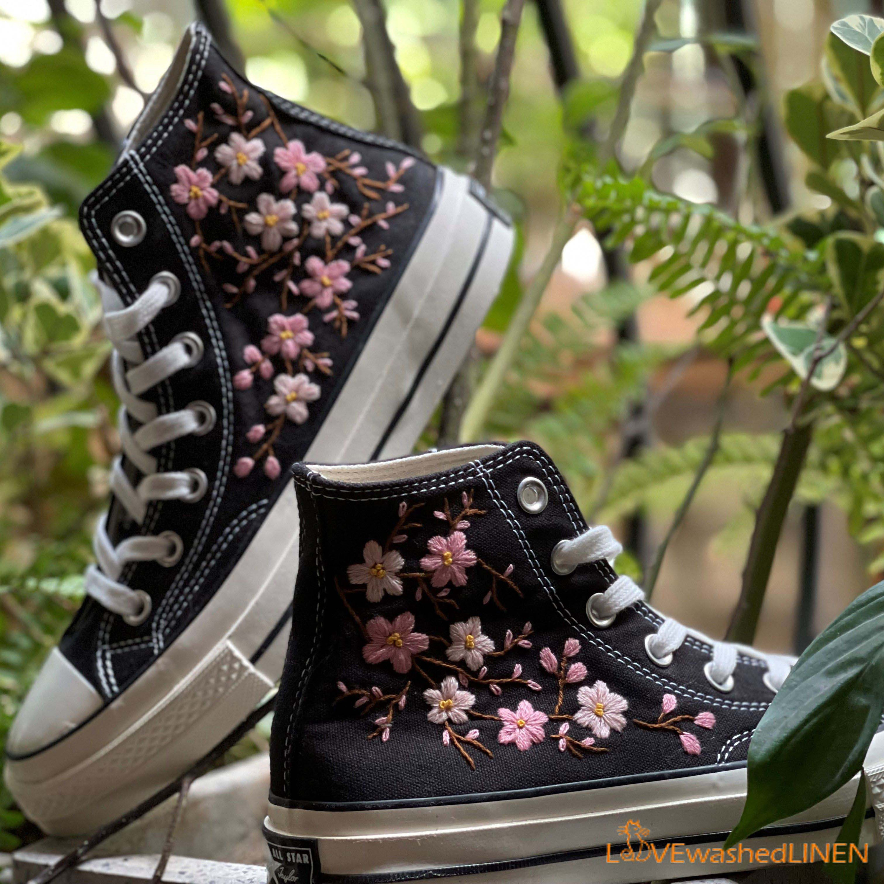Custom Converse Converse Leather Embroidered Denim Floral Chucks