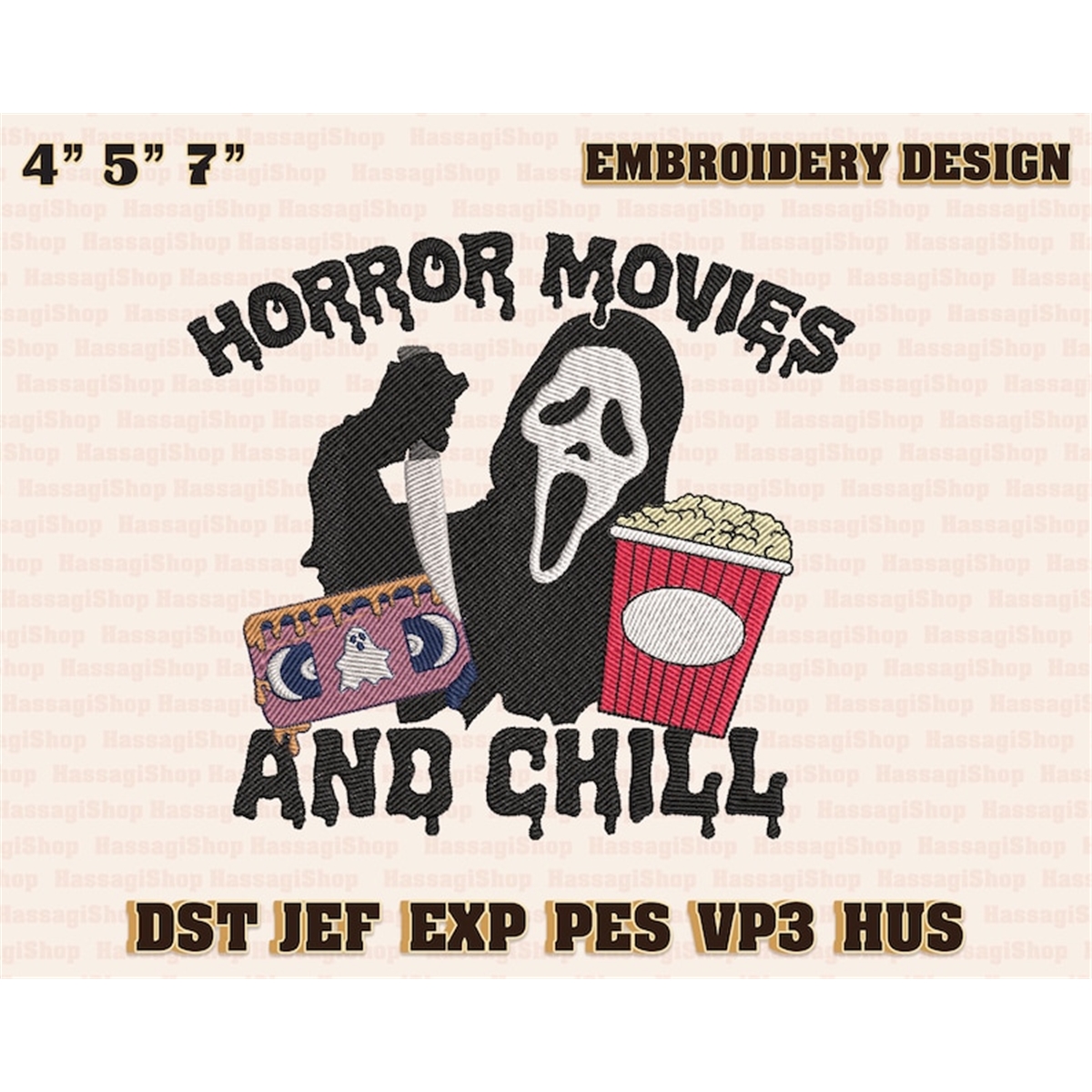 Scary Halloween Embroidery Design, Horror Movies And Chill H Inspire