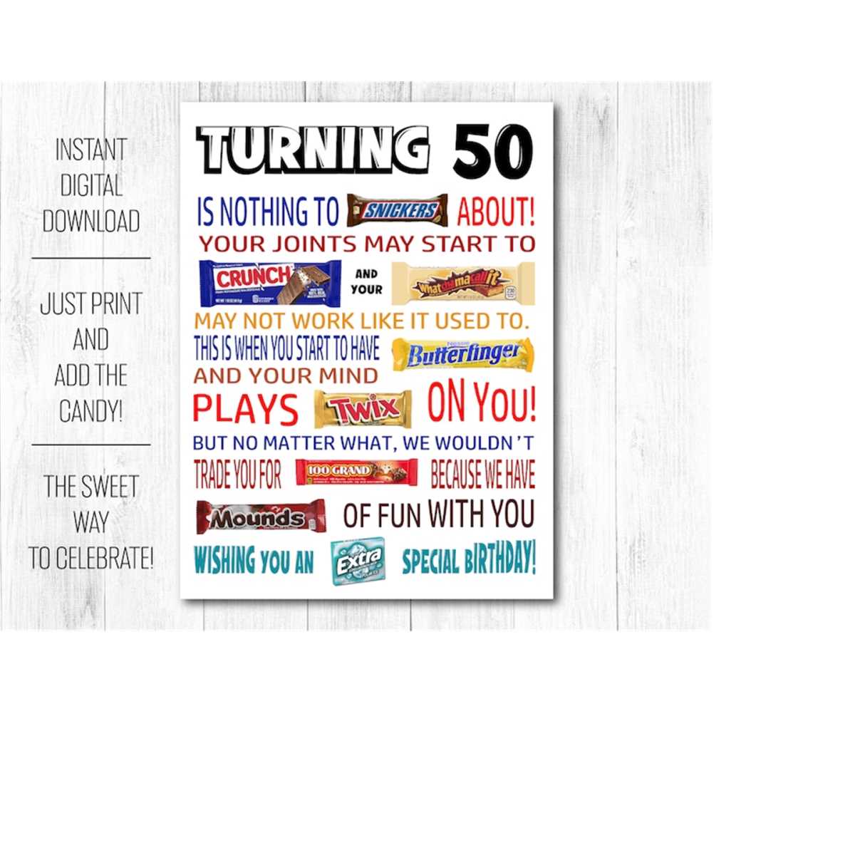 50th Birthday Funny Candy Poster Printable PDF - Sarcastic 5 | Inspire ...