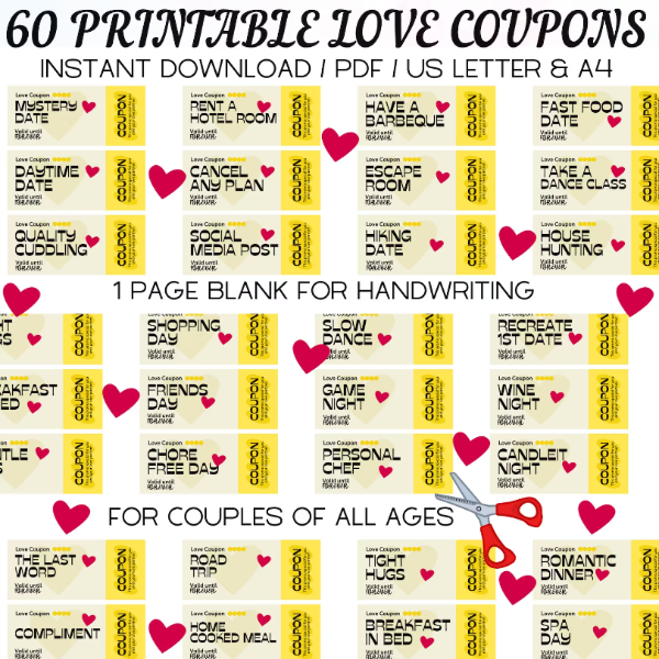 60 Printable Retro Love Coupons, Coupon Book For Him & Her, Inspire