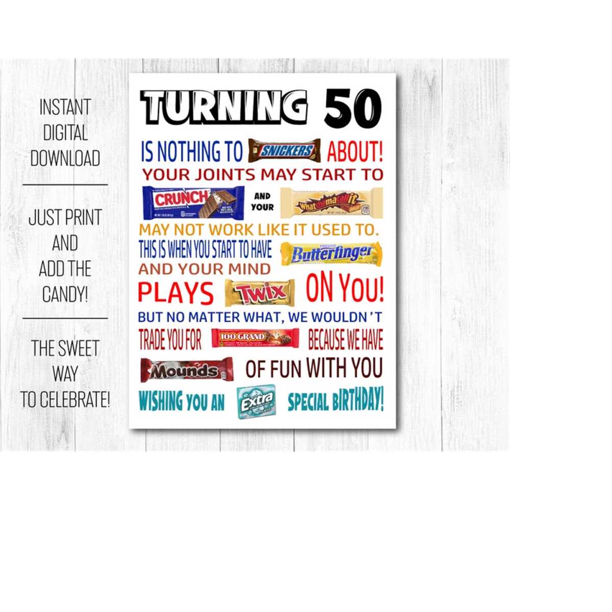 50th Birthday Funny Candy Poster Printable PDF - Sarcastic 5 - Inspire ...