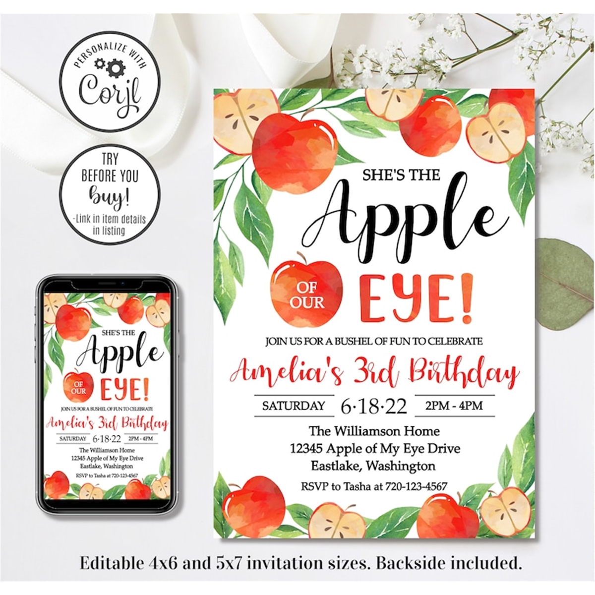 Editable Apple Birthday Invitation, Fruit Invitation, Apple Inspire
