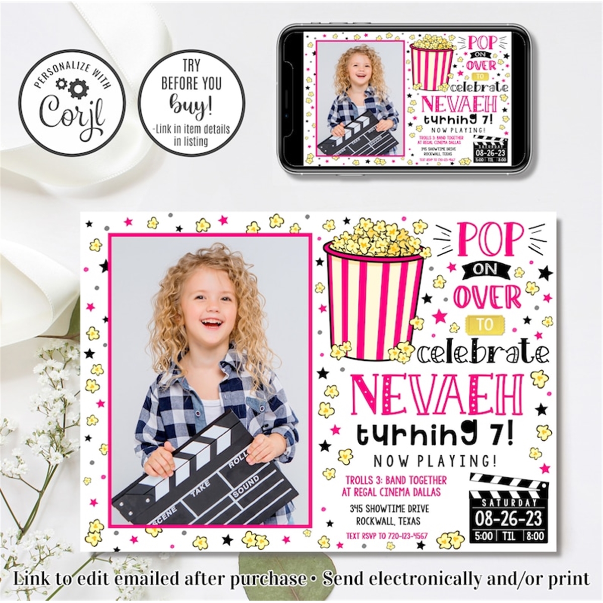 Editable Movie Birthday Invitation, Movie Invitation, Movie - Inspire ...