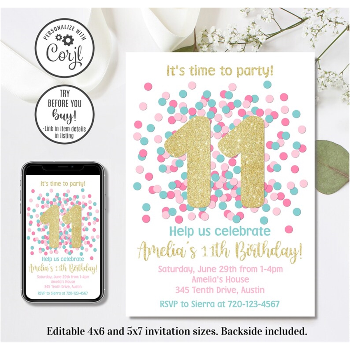 Editable 11th Birthday Invitation, 11th Invitation, Eleventh - Inspire ...