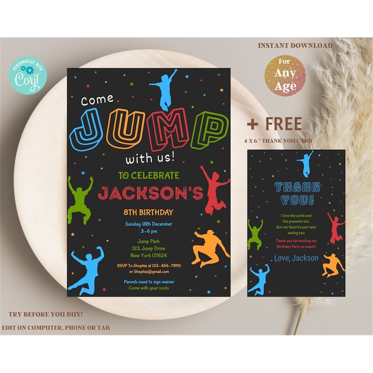 Editable Jump Birthday Invite, Jumping Party Invitation, Bou Inspire