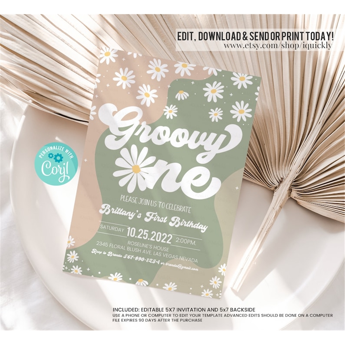 Editable Groovy One 1st Birthday Party Invitation Boho Retro - Inspire ...