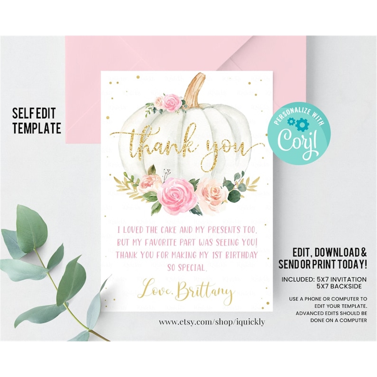 EDITABLE Pumpkin Thank you card Floral Pink and gold Girl Pu - Inspire ...