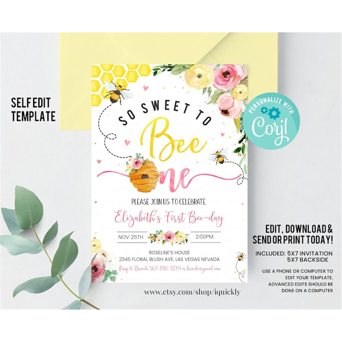 Editable Bee Birthday Invitation Honey Bee Birthday Party Be | Inspire ...