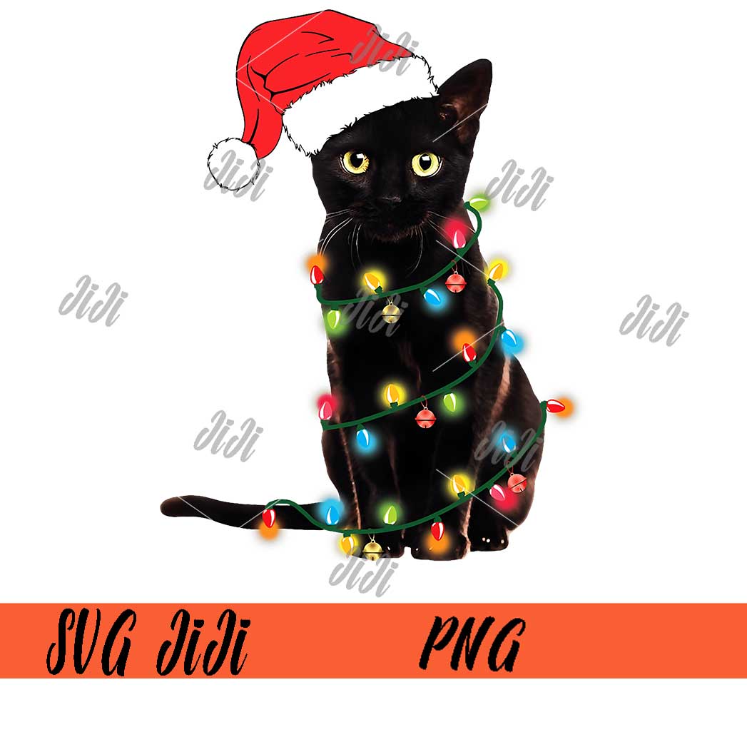 Retro Black Cat Christmas Light PNG, Funny Cat PNG, Santa Cl Inspire