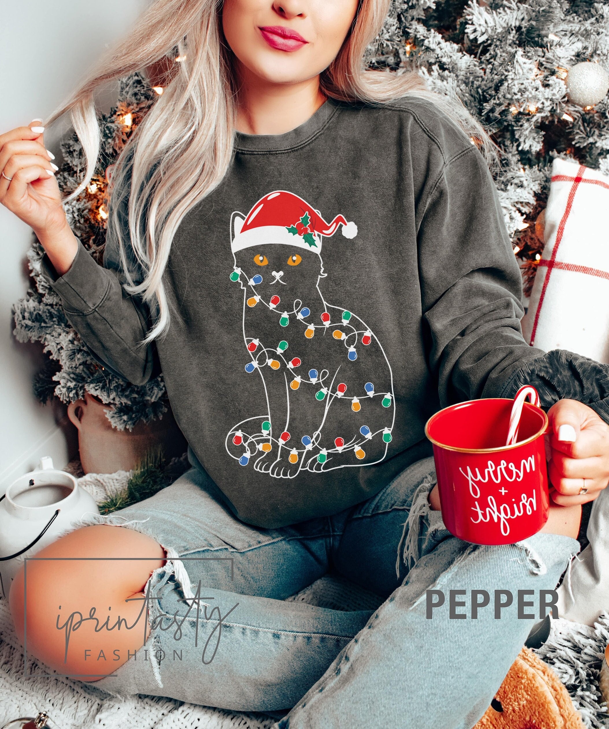 Christmas Cat Print Men's Zip Up Hoodie