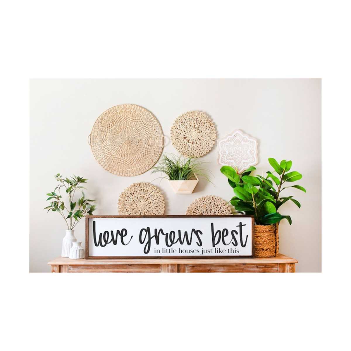 Targa In Legno Rustico 'Love Grows Best In Little Houses' - Decorazione Da Parete 15x45 Cm Con Cornice, Fatta A Mano In Indiana