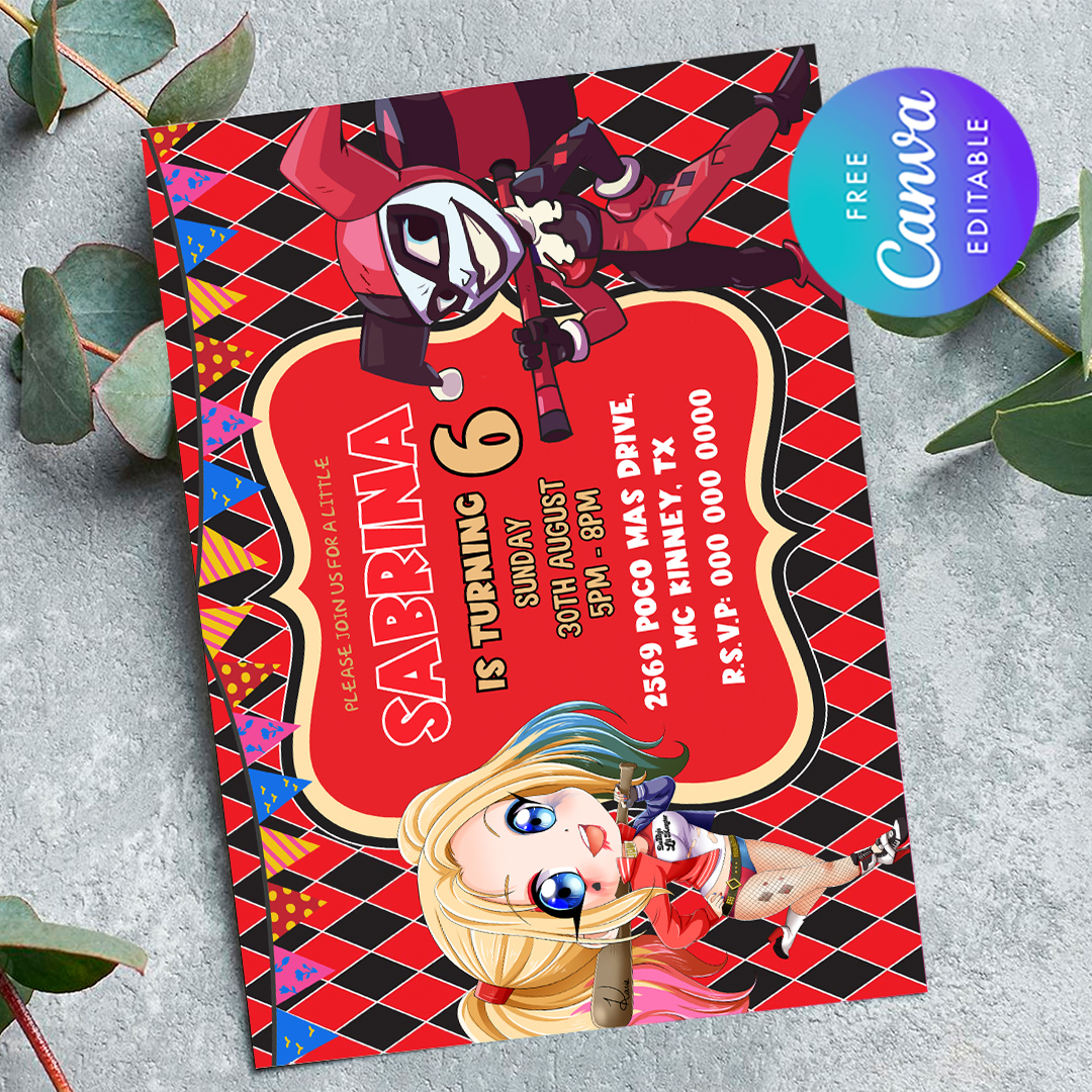 Harley Quinn Birthday Girl Invitation, Any Age Harley Quinn | Inspire ...