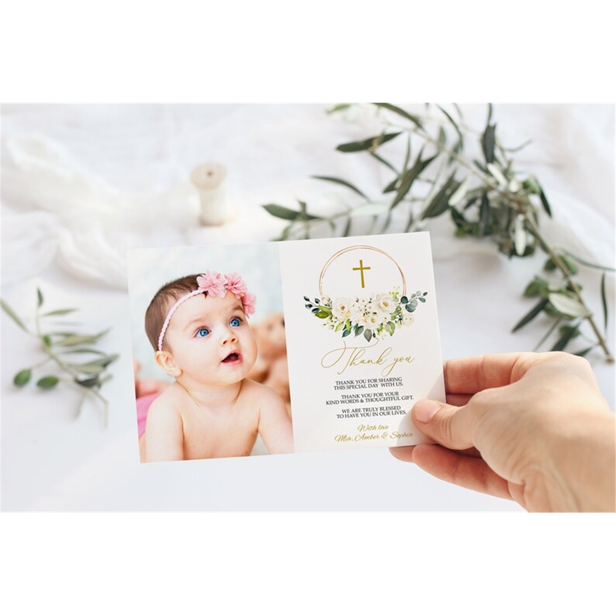 White Flowers First Communion Photo Thank You, EDITABLE Temp Inspire