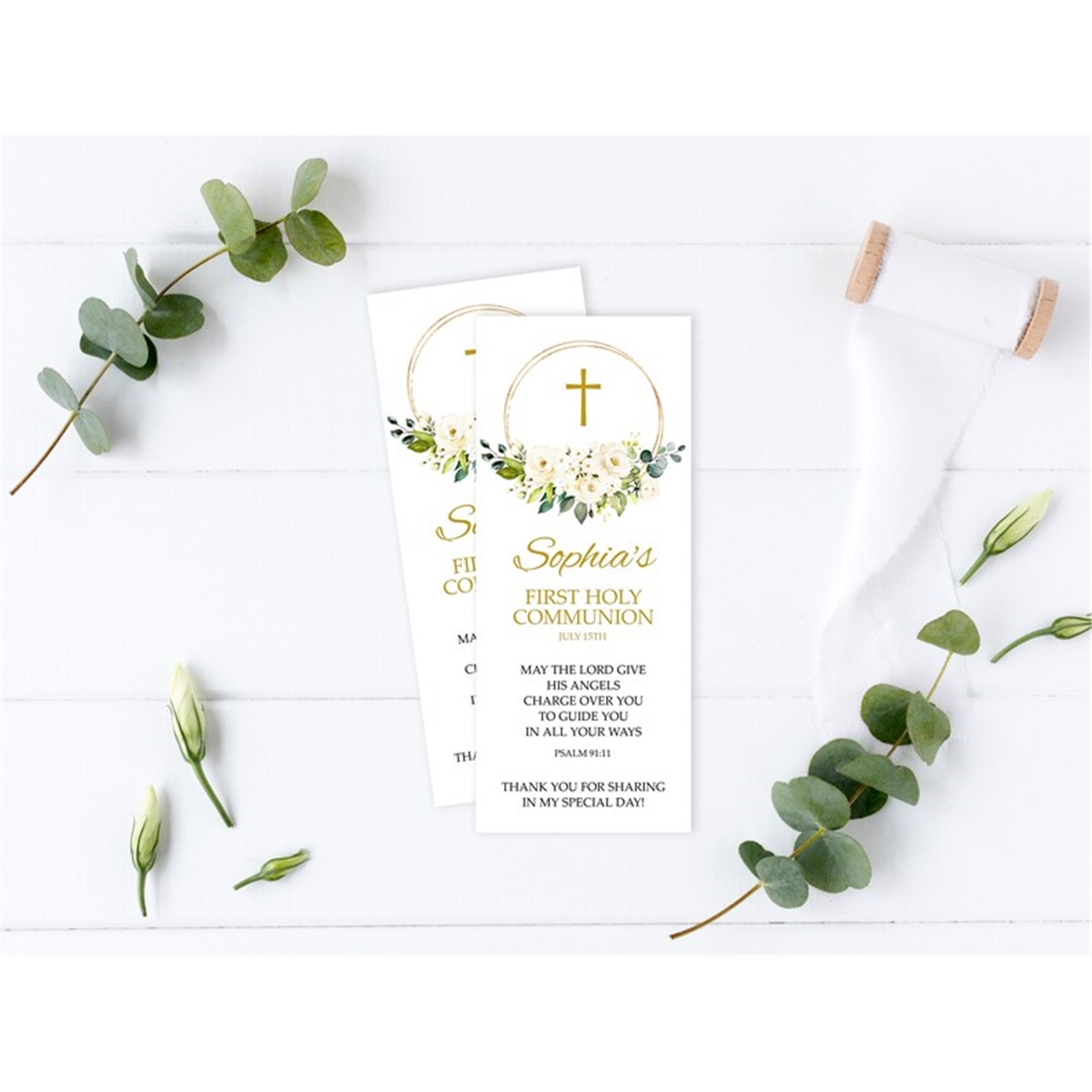 First Communion Bookmark Template, EDITABLE, Floral Bookmark | Inspire ...