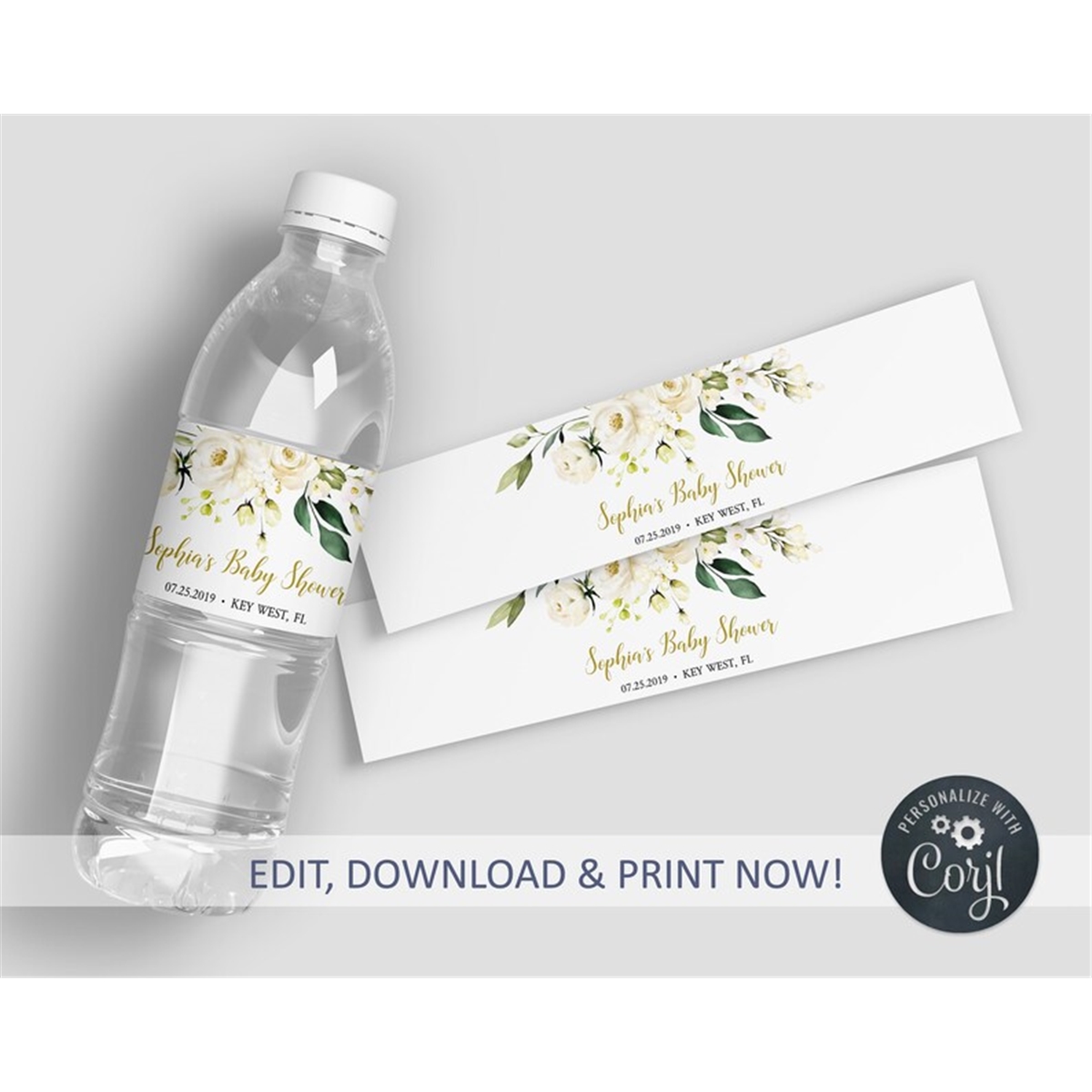 EDITABLE White Flowers Bottle Label, Water Labels Printable | Inspire ...