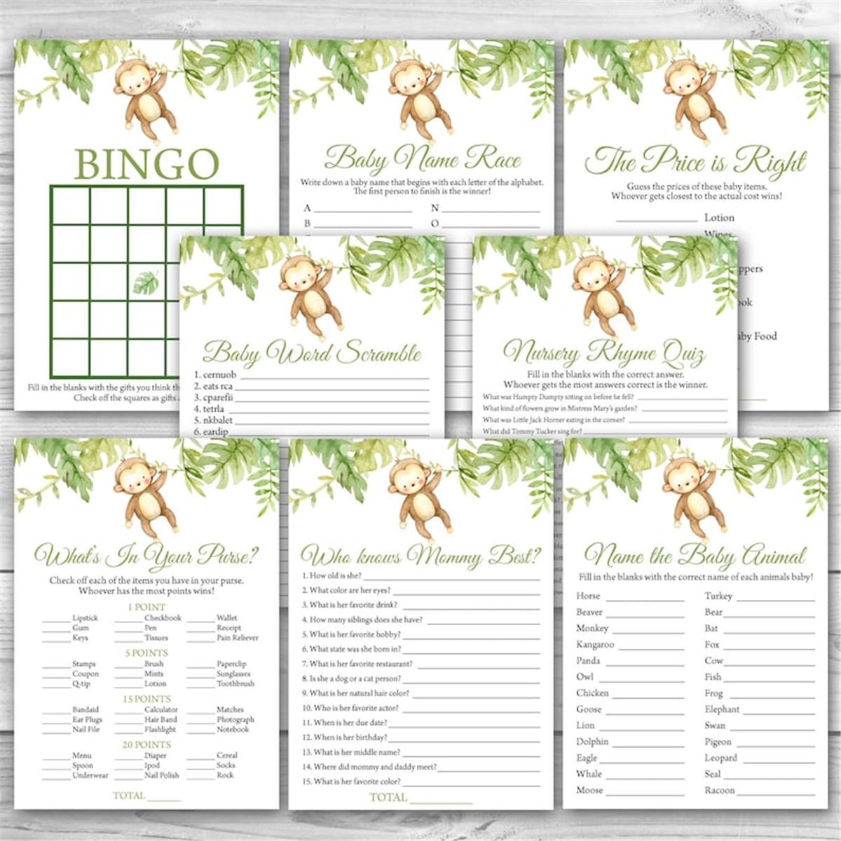 Monkey Baby Shower Game Package, 8 Printable Monkey Baby Sho | Inspire ...