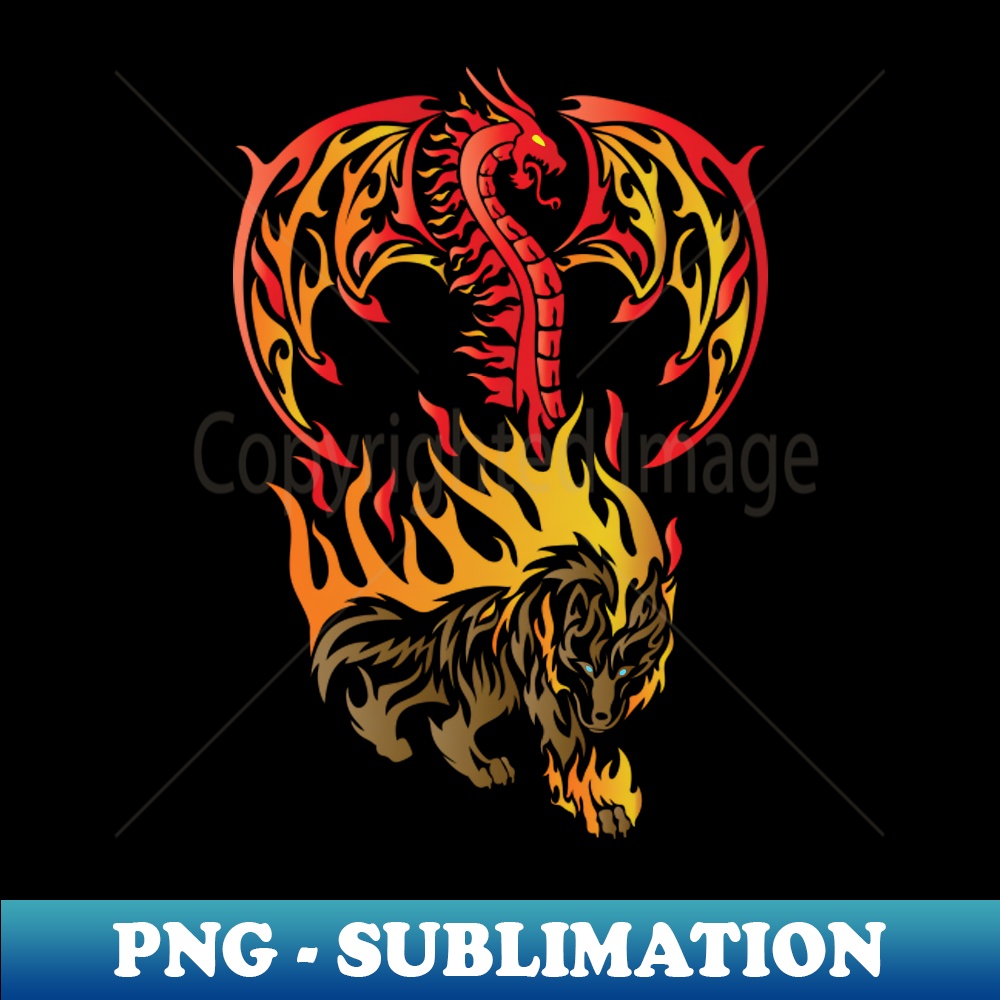 Tribal Tattoo Art Style Flaming Dragon and Wolf - Artistic - Inspire Uplift