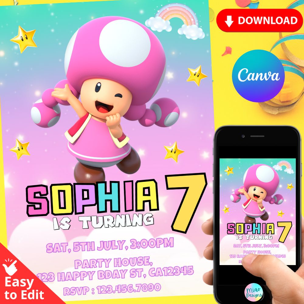 Super Mario Toadette Toad Invitation Template Inspire Uplift