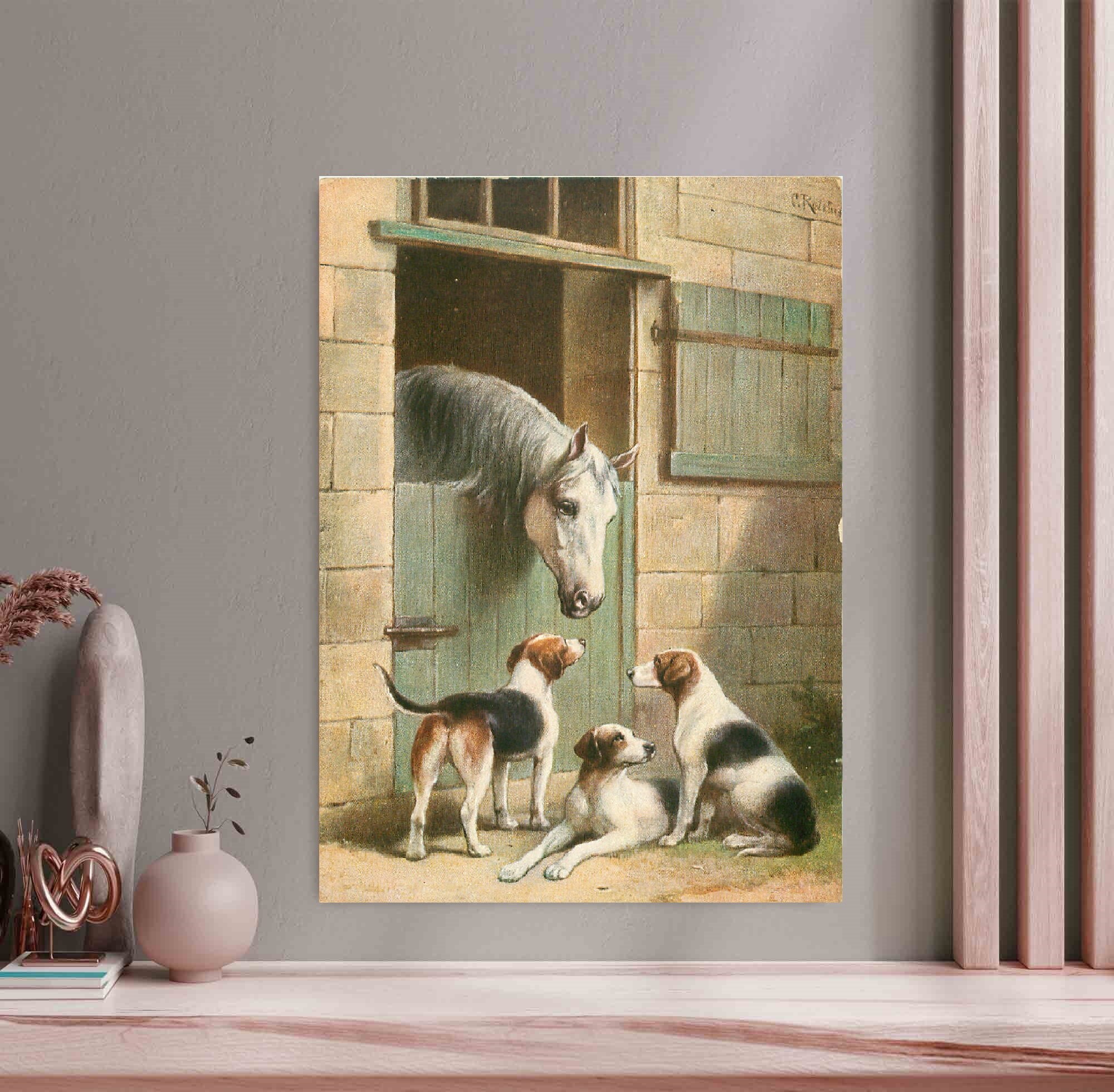 Dogs and Horse at Stable Framed Oil Painting Reproduction Pr | Inspire ...