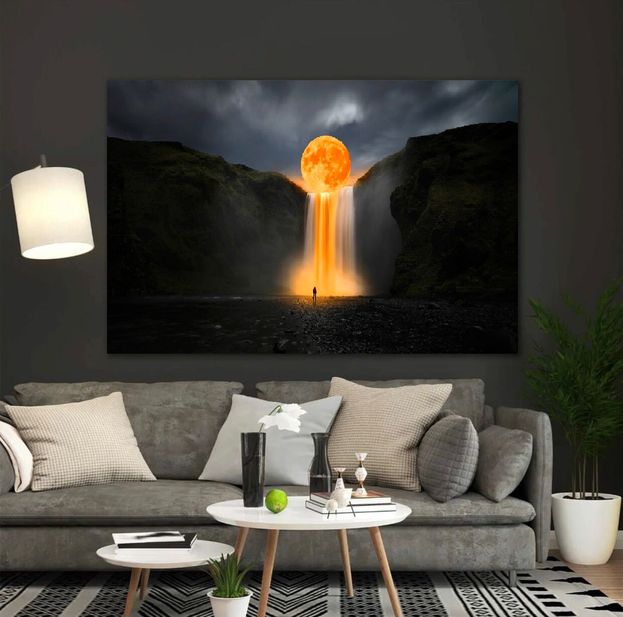 full moon surreal art canvas painting , full moon waterfall | Inspire ...