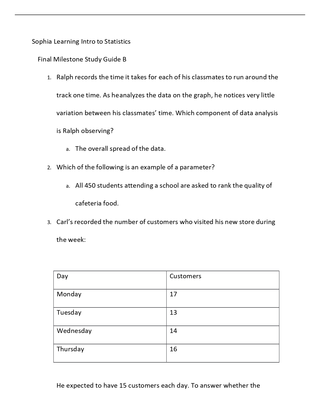 Sophia Learning Intro to Statistics Final Inspire