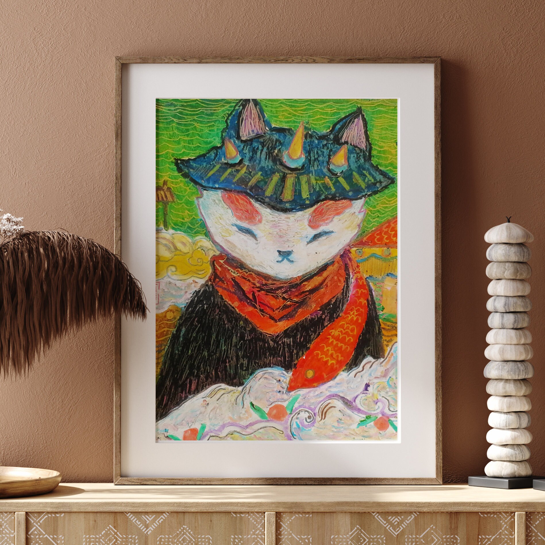 Japanese cat In Traditional Dress, Original Oil Pastel Cat P | Inspire ...