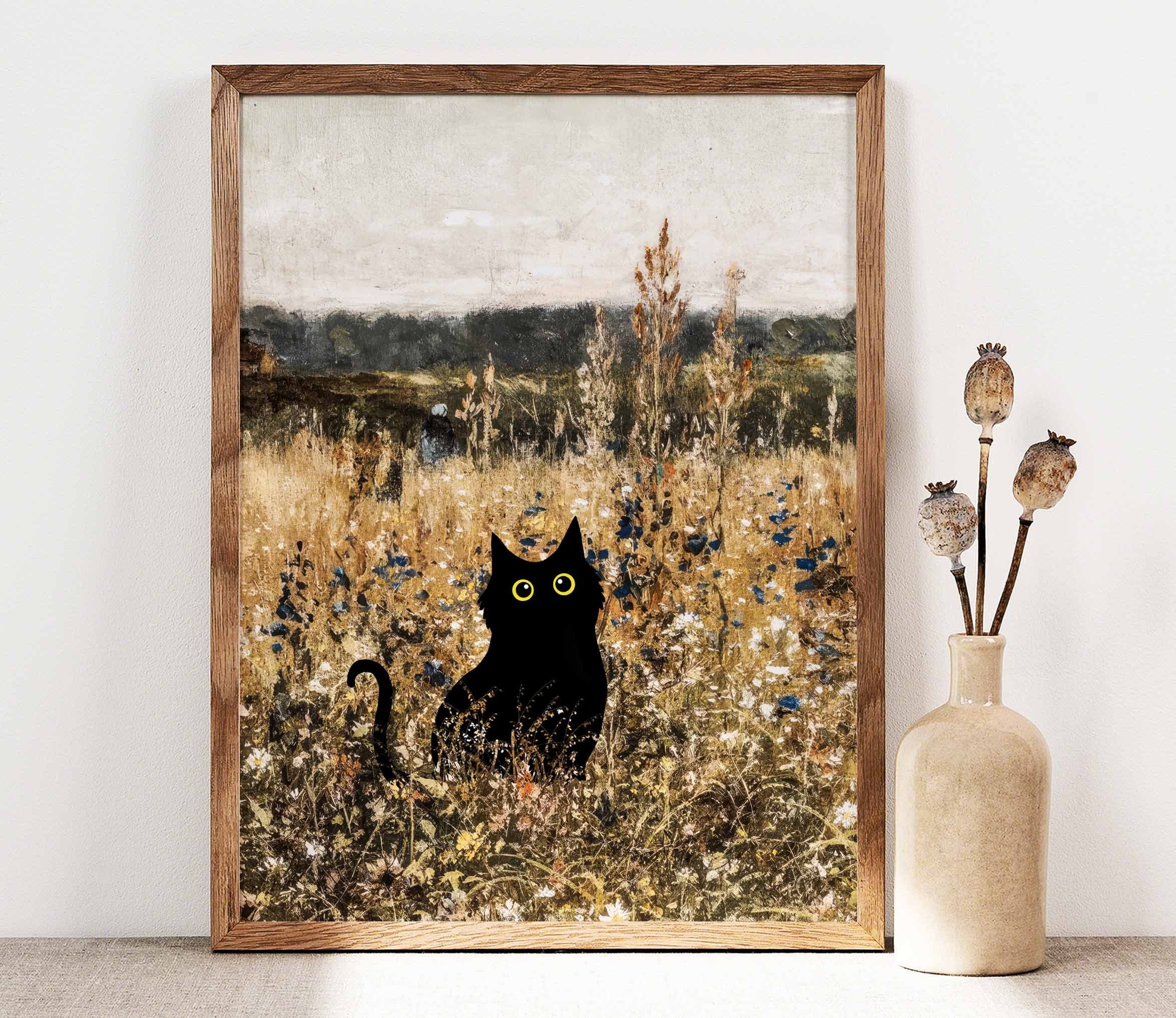 black-cat-print-funny-cat-poster-cat-art-wildflower-field-inspire