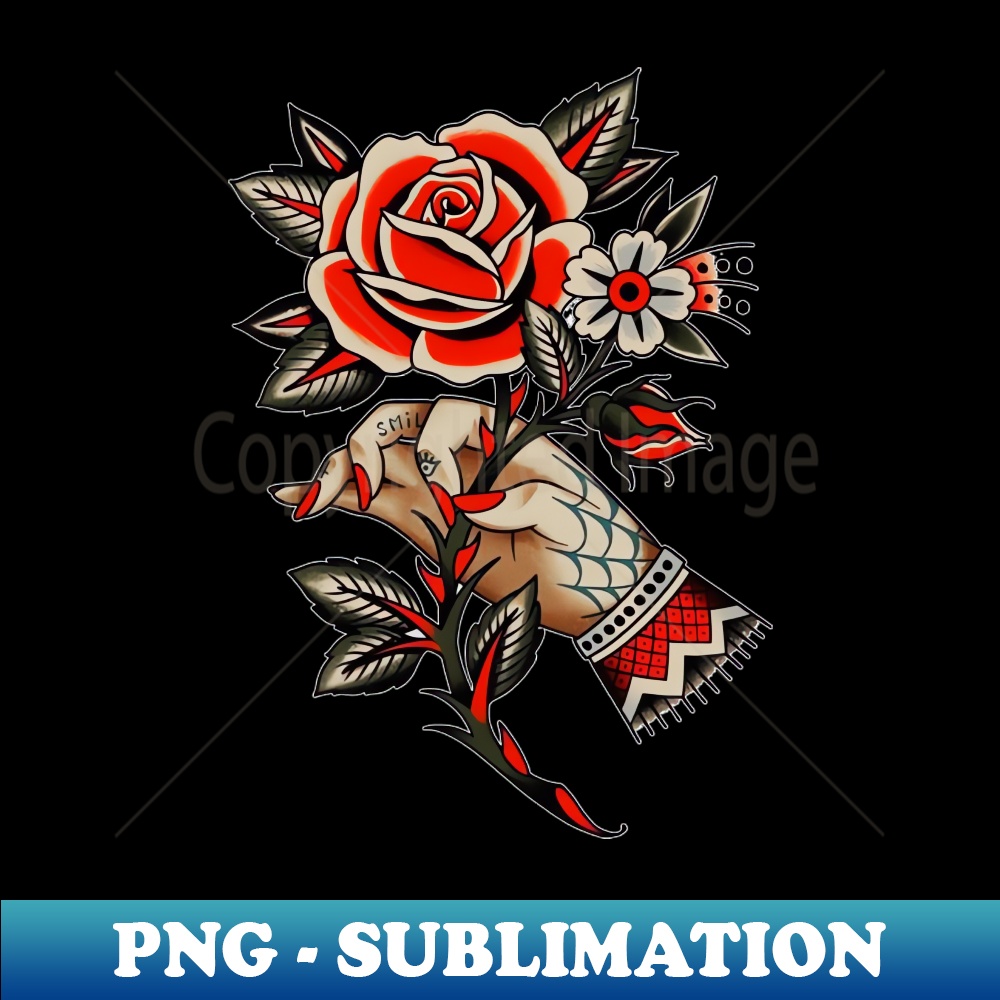 Traditional Tattooed Hand Holding Rose Tattoo - PNG Sublimat - Inspire ...