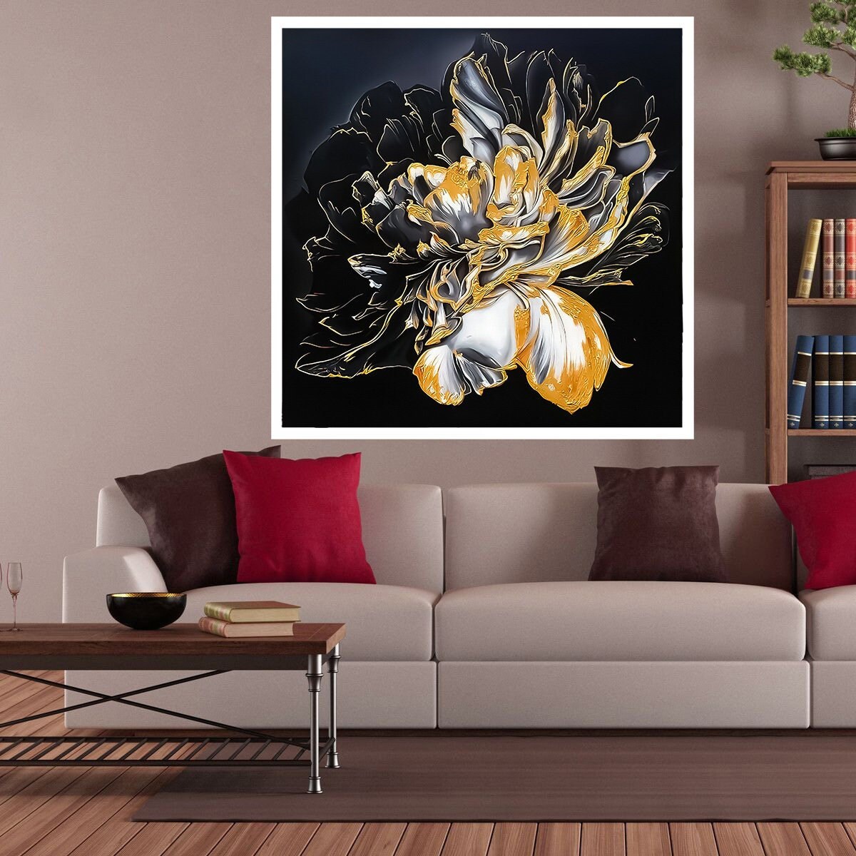 flower canvas print art with gold and black leaves, a bunch | Inspire ...