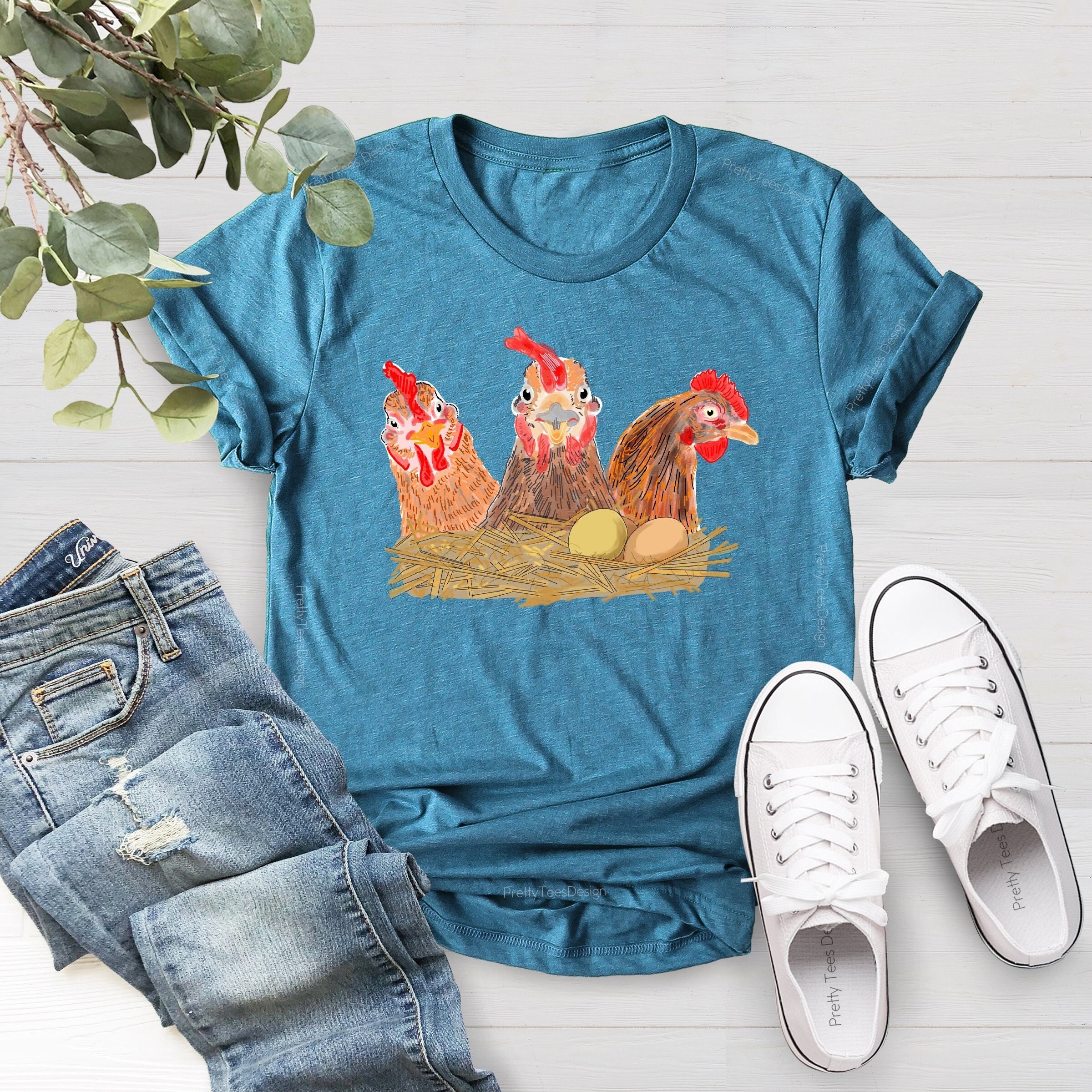 Retro Chicken Print Casual V-neck Denim Loose Shirt