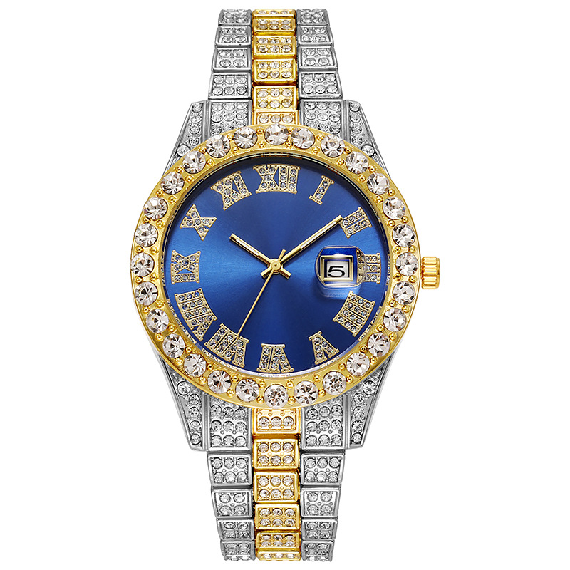 Luxury Hip Hop Stainless Steel Gold Calendar Watch for Men Iced Out Paved Rhinestones