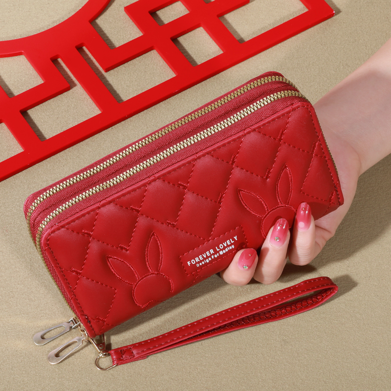 Trendy Solid Color Long Wallet Double Zipper Clutch Coin Purse Womens Faux Leather Card Holder With Wristband